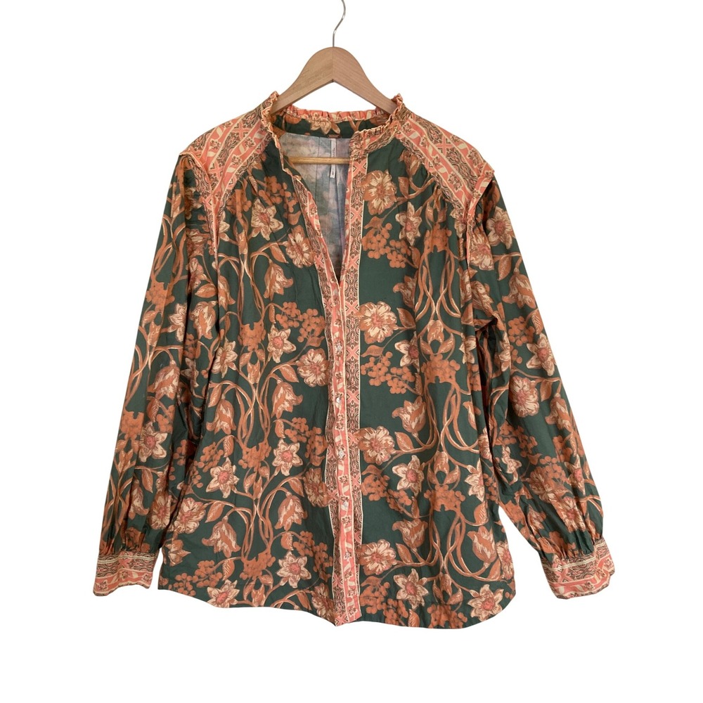 Free People Green Floral Garden Tunic Blouse Size L Oversized Pockets‎ Boho